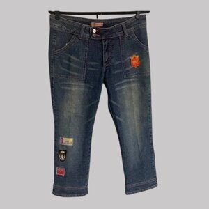 Women's, Dark Wash, Cropped, Colorful, Graphic Patch Jeans. Pink Seams